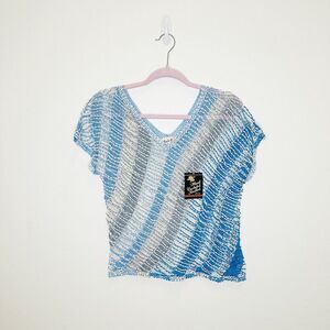 Lim’s Vintage Hand Crocheted Blue White Gray Cotton V Neck Top Large